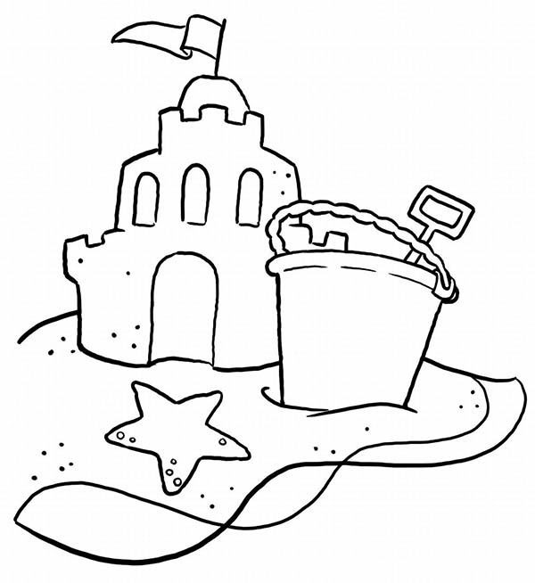 600x654 A Typical Beach Sand Castle And A Bucket Coloring Page