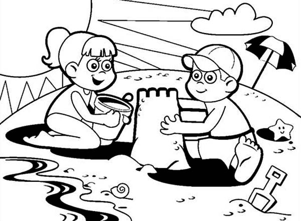 600x441 Two Kids Colaborate Making Sand Castle Coloring Page