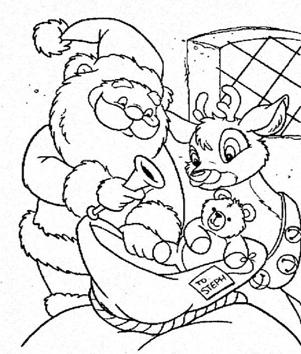 Santa Claus And Rudolph Picking Christmas Present For Kids 600x704 Santa Claus And Rudolph Picking Christmas Present For Kids