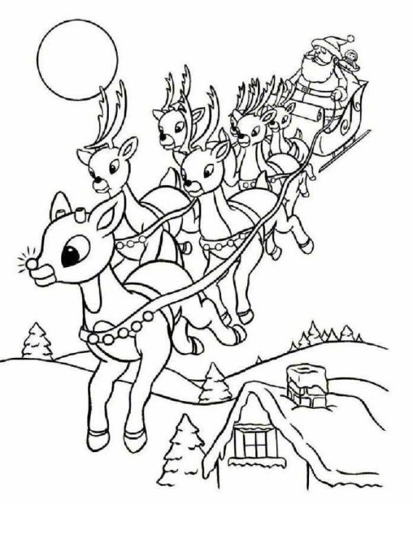 Rudolph And Santa Leigh Reindeers Coloring Page Holiday 600x776 Rudolph And Santa Leigh Reindeers Coloring Page Holiday