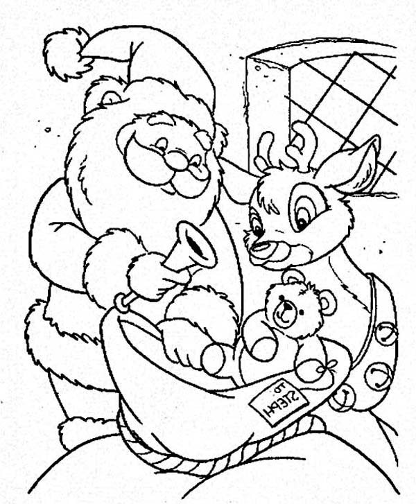 600x727 Santa And The Reindeer Putting Toys On The Christmas Sack Coloring
