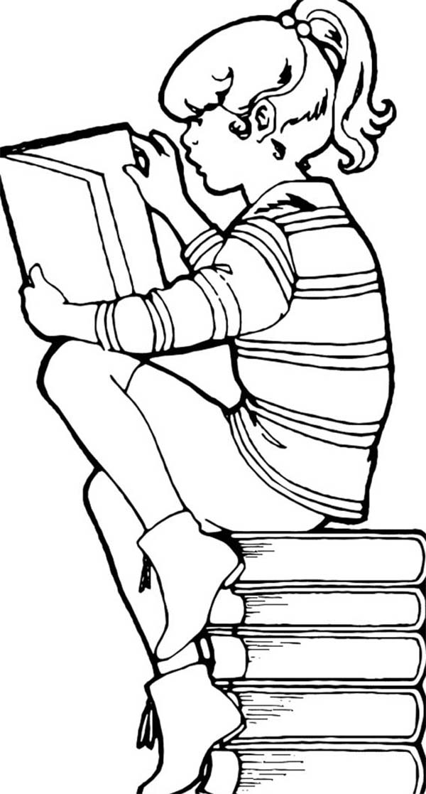 600x1117 A Girl Sitting On A Stack Of Book On First Day Of School Coloring