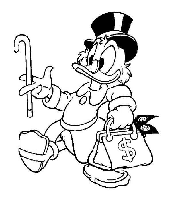 600x686 Scrooge Mcduck Walking With A Bag Full Of Money Coloring Page