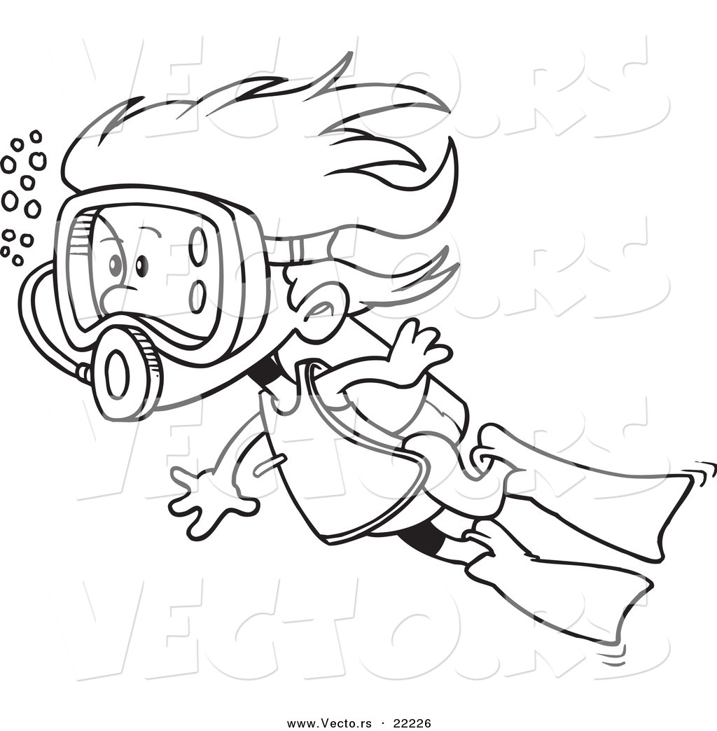1024x1044 Vector Of A Cartoon Scuba Girl Swimming Outlined Coloring Page By
