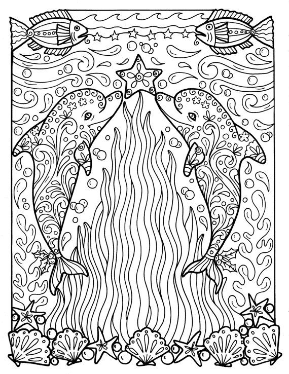 Christmas Dolphins Coloring Page Adult Coloring Beach Color Book 570x738 Christmas Dolphins Coloring Page Adult Coloring Beach Color Book