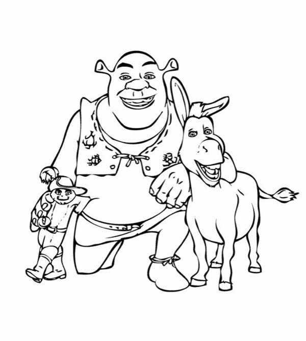 600x669 Puss In Boots Take Picture With Shrek And Donkey Coloring Pages