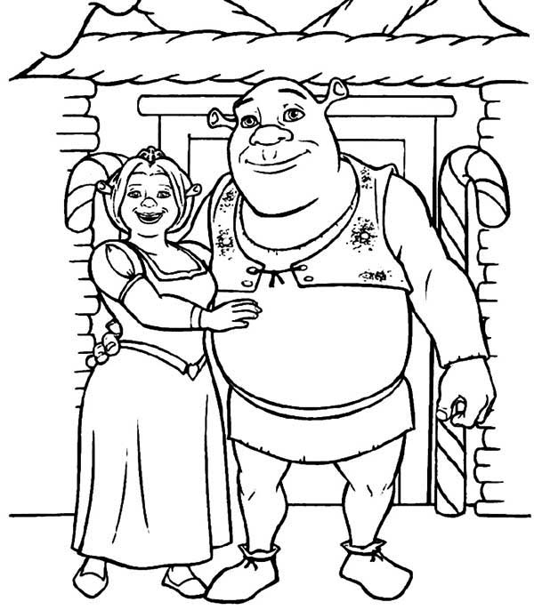 Shrek And Princess Fiona In Front Of Their House Coloring Page 600x686 Shrek And Princess Fiona In Front Of Their House Coloring Page