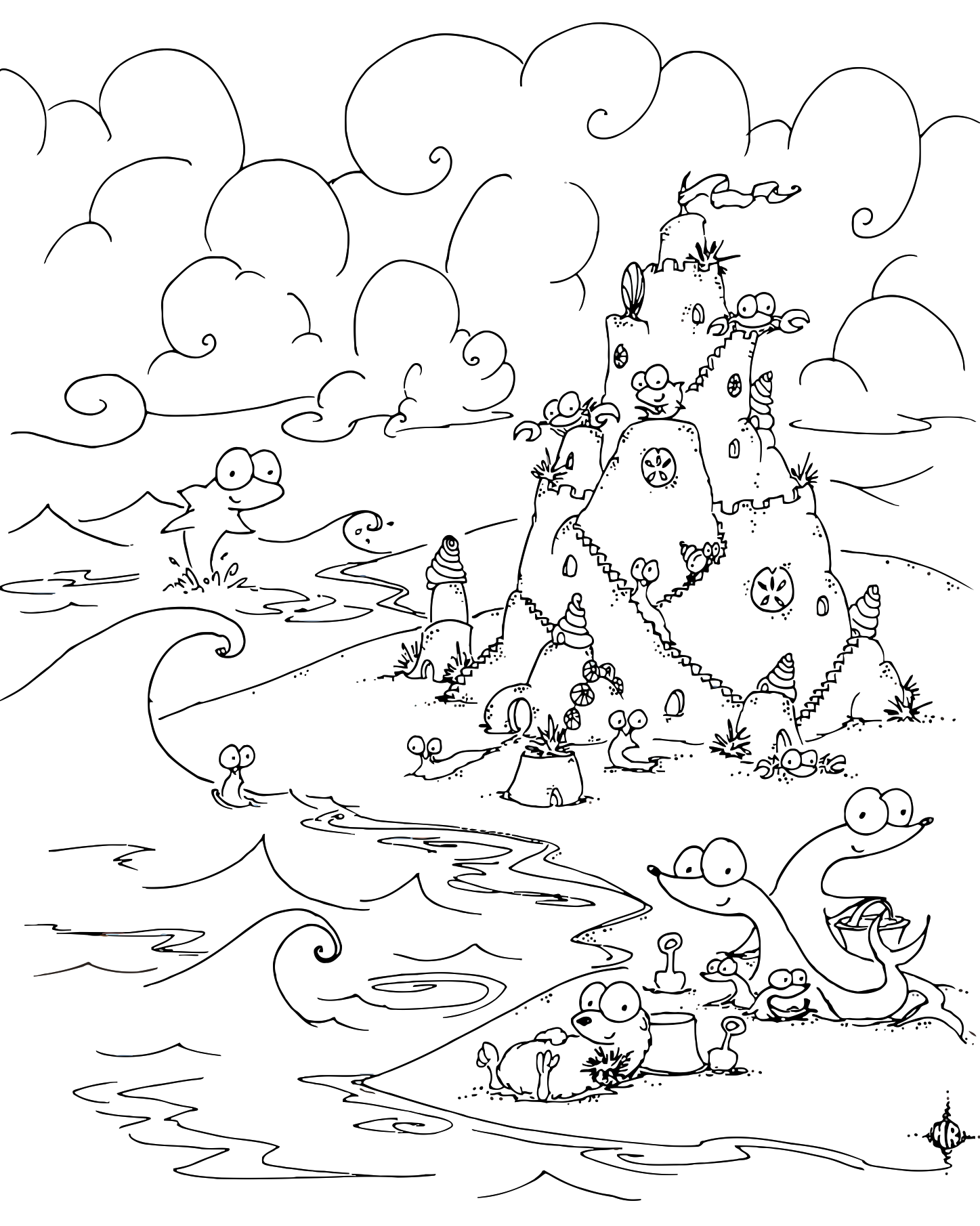 Coloring Page Sea Creatures Building A Sand Castle On The Beach 1447x1810 Coloring Page Sea Creatures Building A Sand Castle On The Beach