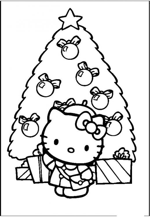 Hello Kitty And Her Simple Christmas Tree Coloring Pages 518x749 Hello Kitty And Her Simple Christmas Tree Coloring Pages