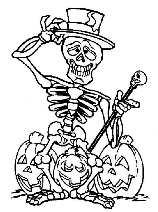 600x801 Skeleton And Three Halloween Pumpkin Coloring Page