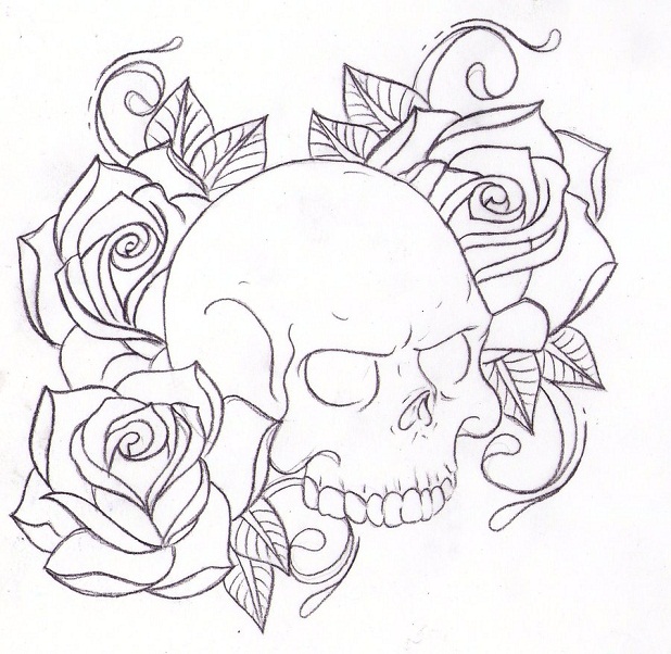 Skull And Roses Coloring Pages 618x602 Skull And Roses Coloring Pages