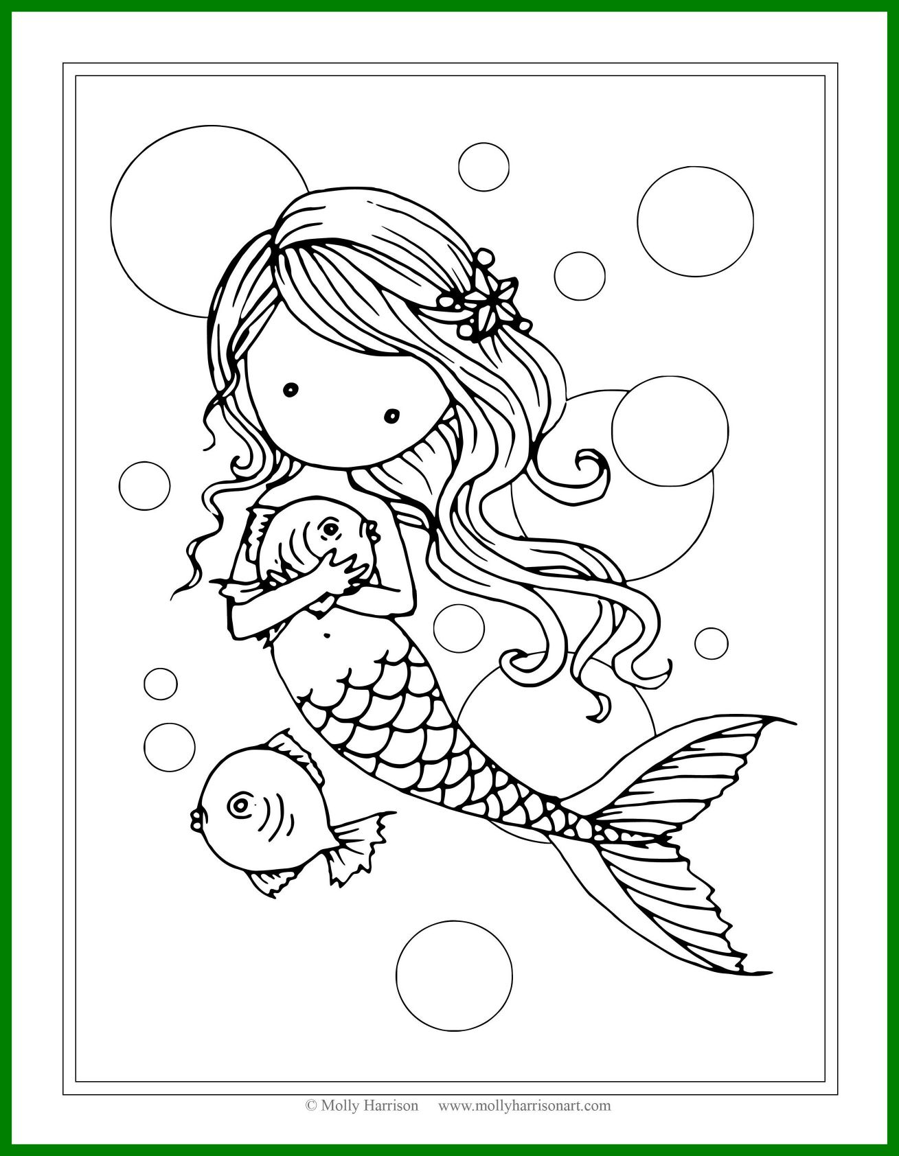1309x1684 Incredible Mermaid With Fish Coloring Page By Molly Harrison