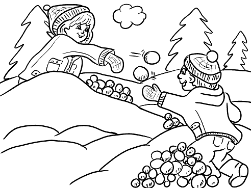 492x369 Kids Having A Snowball Fight Free Coloring Page Iarna