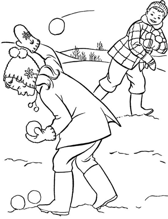 Playing Snowball Fight Coloring Page Winter 550x714 Playing Snowball Fight Coloring Page Winter