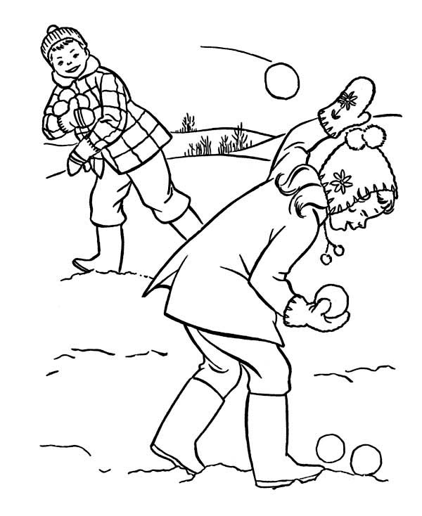 A Snowball Fight With Friends During Winter Coloring Page 600x734 A Snowball Fight With Friends During Winter Coloring Page