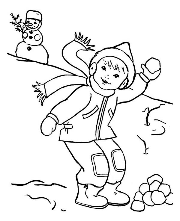 Throwing Snowball On Snowball Fight During Winter Coloring Page 600x738 Throwing Snowball On Snowball Fight During Winter Coloring Page