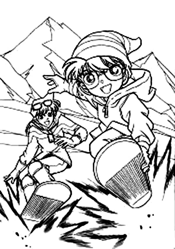 600x855 Detective Conan And Ran Snowboarding Coloring Page Coloring Sun
