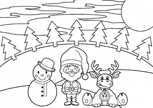 Snowman Santa And Reindeer Enjoying The Christmas Night Coloring 518x366 Snowman Santa And Reindeer Enjoying The Christmas Night Coloring