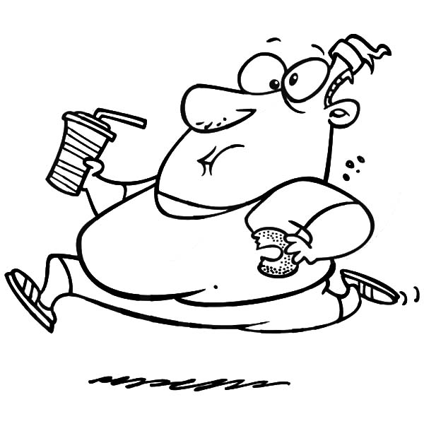 600x627 Fat Boy Running With Donut And Soft Drink Coloring Pages