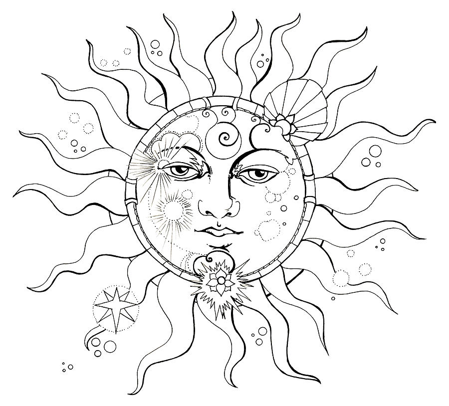 900x814 Solar Eclipse Moon Face Colouring Page Drawing By Katherine Nutt