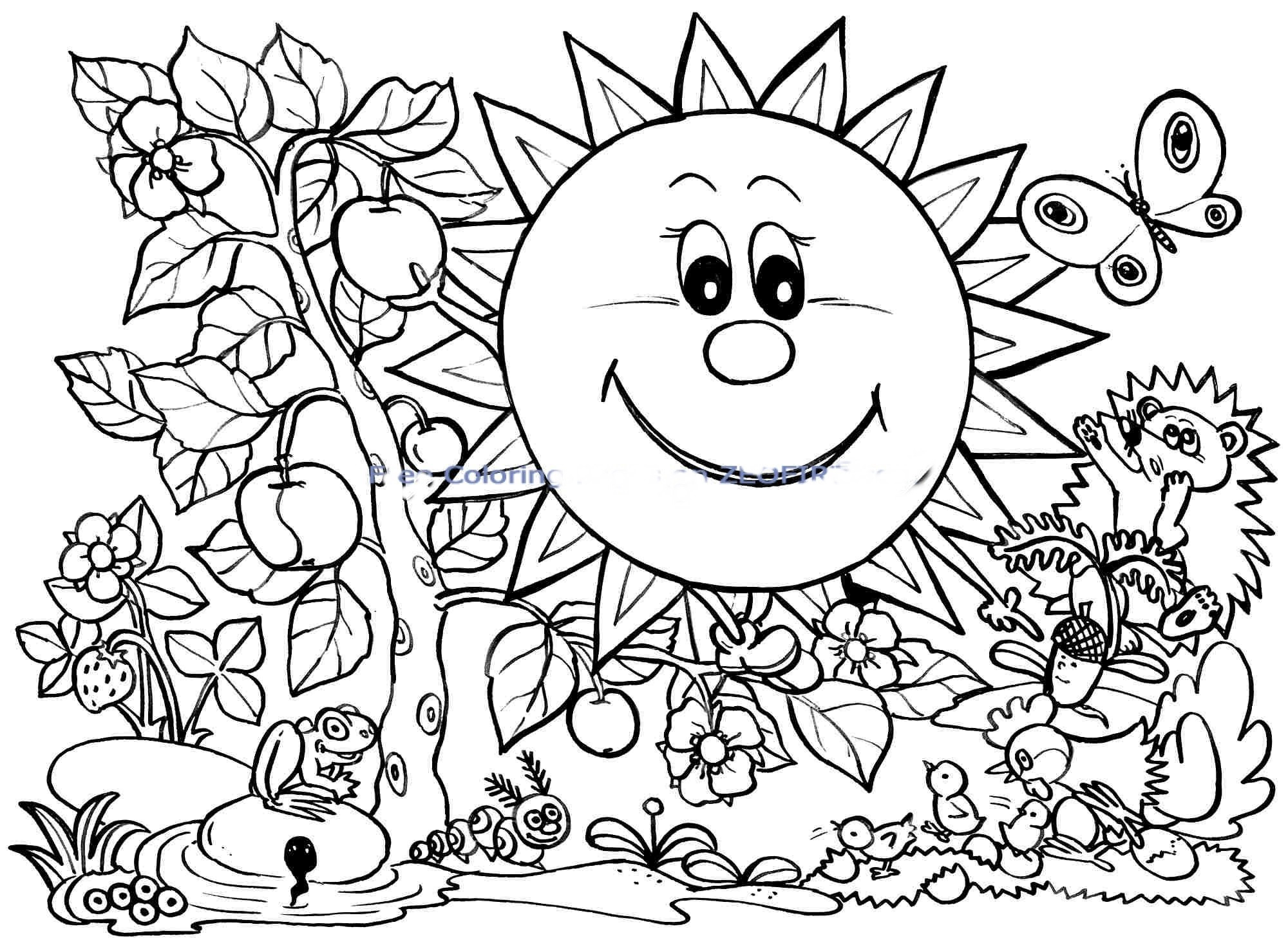 2000x1470 Funny Bee And Flowers Spring Coloring Page For Kids Seasons Fancy