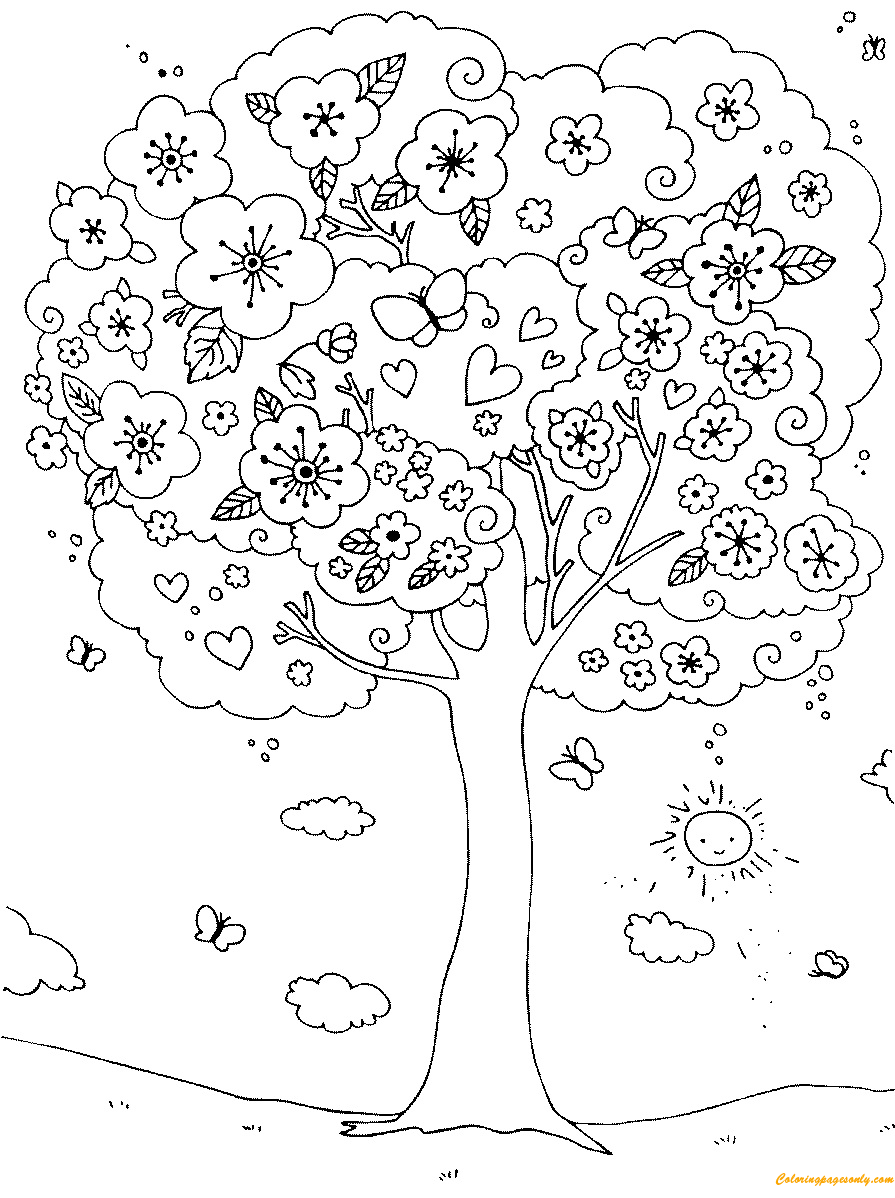 895x1198 A Nice Blossoming Tree Coloring Page
