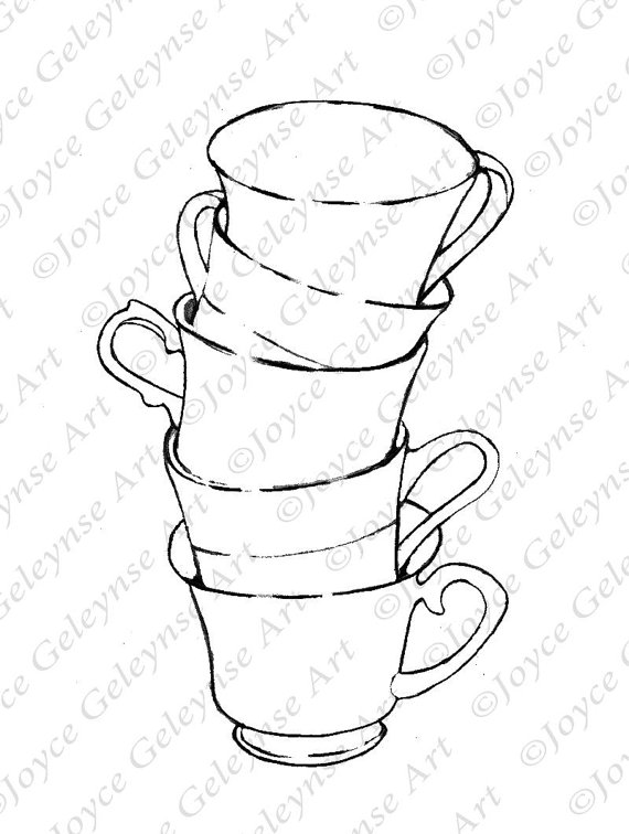 Digital Stamp Coloring Page Stack Of Teacups Freehand 570x756 Digital Stamp Coloring Page Stack Of Teacups Freehand
