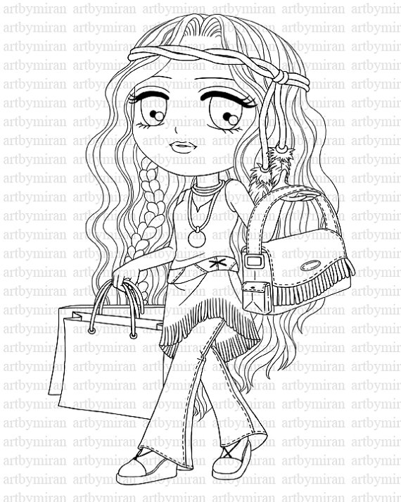 Hippy Girl Digital Stamp Coloring Page Digi Stamp Printable 570x713 Hippy Girl Digital Stamp Coloring Page Digi Stamp Printable