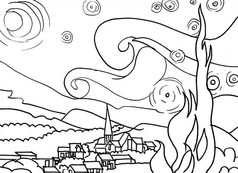Van Gogh The Starry Night In Famous Paintings Coloring Page 827x600 Van Gogh The Starry Night In Famous Paintings Coloring Page