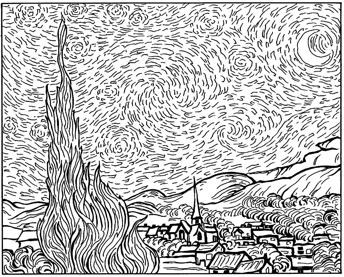 Coloring Adult Van Gogh Starry Night Starry Night Coloring Page 1200x967 Coloring Adult Van Gogh Starry Night Starry Night Coloring Page