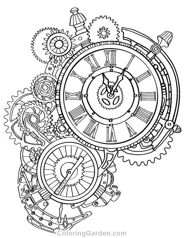600x776 Steampunk Clock Adult Coloring Page