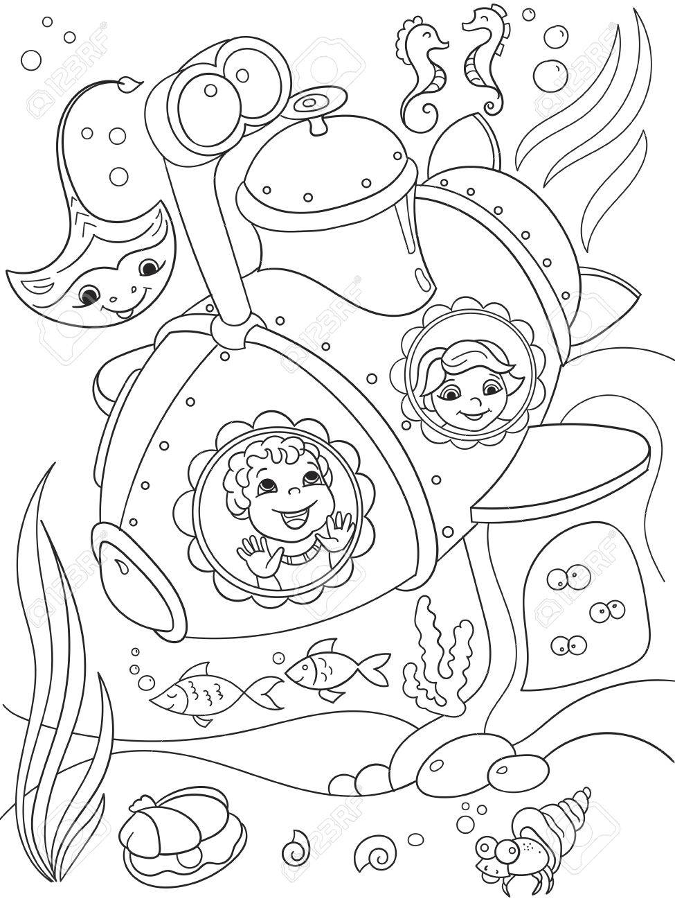 975x1300 Children Exploring The Underwater World In A Submarine Coloring