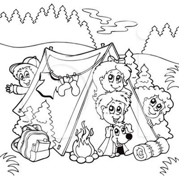 Bunch Of Kids And A Dog On Summer Camp Coloring Page 600x630 Bunch Of Kids And A Dog On Summer Camp Coloring Page
