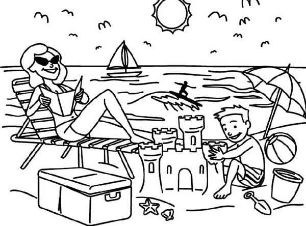 600x444 Family Vacation On Beach And Making Sand Castle Coloring Page