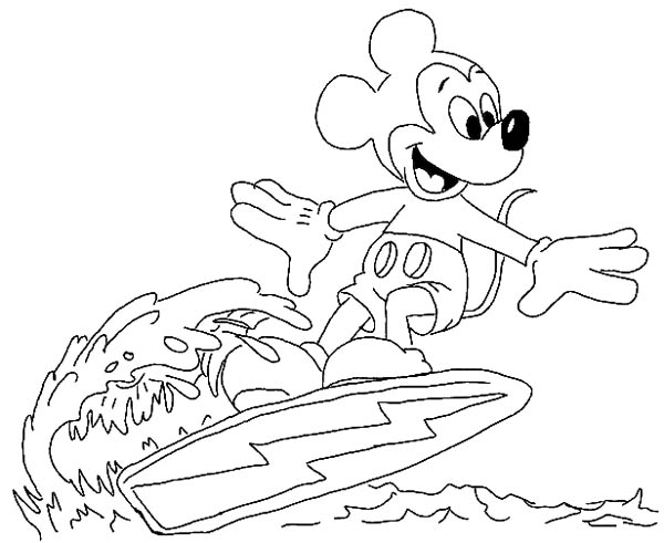 Mickey Mouse Surfing On The Wave Coloring Page Color Luna 600x491 Mickey Mouse Surfing On The Wave Coloring Page Color Luna