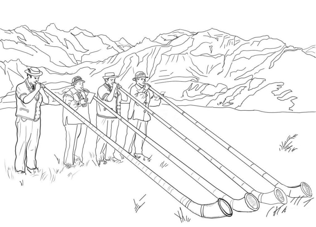 1024x737 Swiss Alphorn Players Free Coloring Page