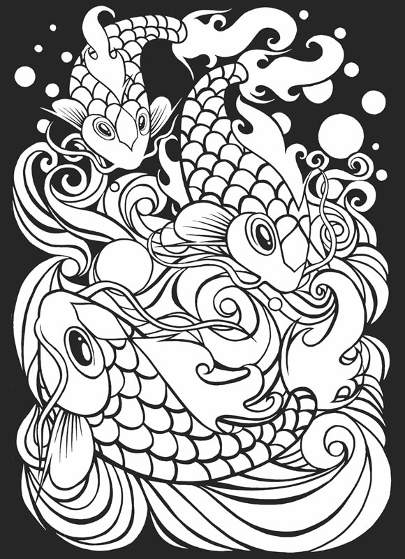 580x800 Japanese Fish Coloring Page Tattoo Art Stained Glass Pages