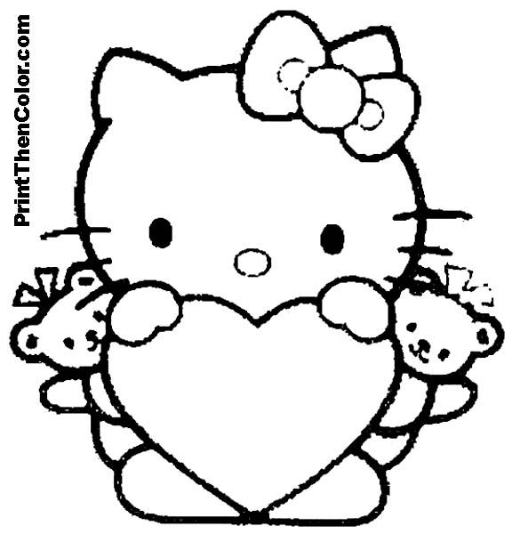 576x600 Children Coloringbookhellokitty Holding A Heart With Two Little