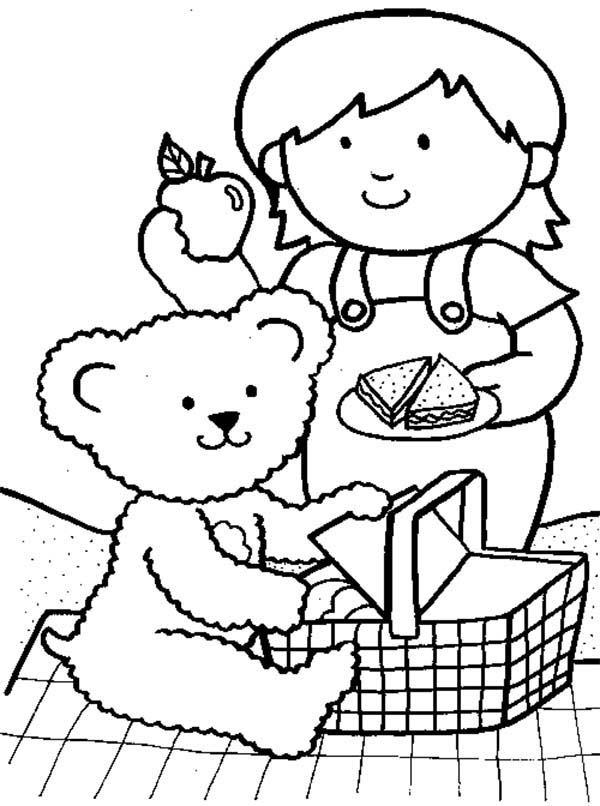 600x806 Little Girl Going Picnic With Her Teddy Bear Coloring Page