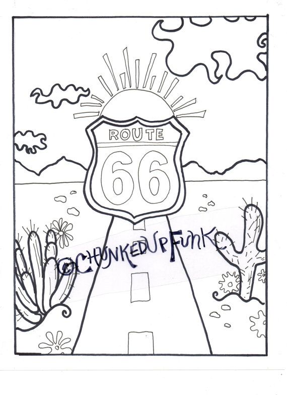 570x784 Printable Coloring Page, Route 66, Arizona, Texas, Santa Monica