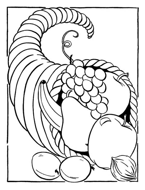 Thanksgiving Day Cornucopia Basket Coloring Page 600x785 Thanksgiving Day Cornucopia Basket Coloring Page