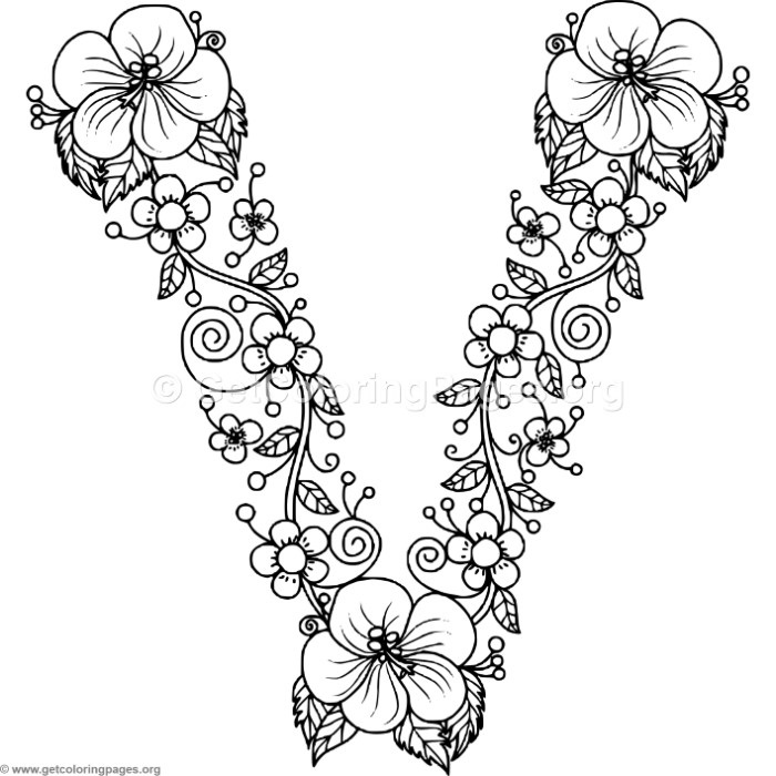 700x700 Floral Alphabet Letter V Coloring Pages