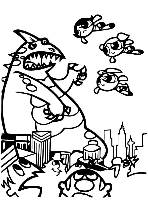 The Powerpuff Girls Attacking The Monster Coloring Pages 595x842 The Powerpuff Girls Attacking The Monster Coloring Pages