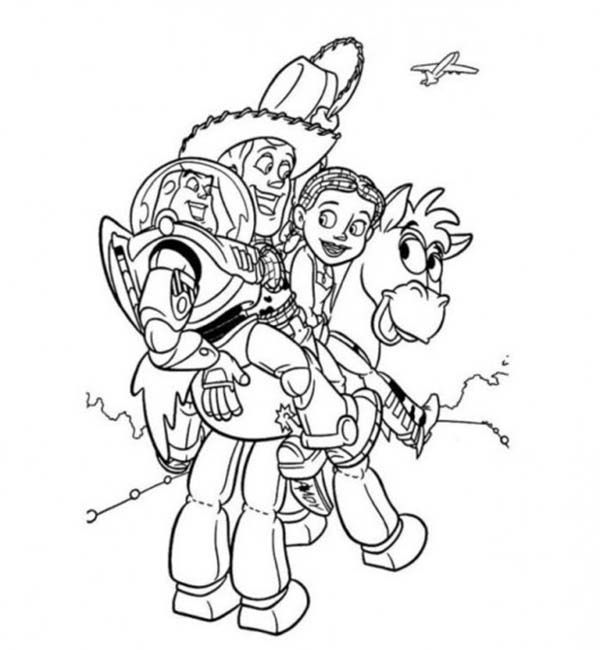 Buzz Jessie And Woody Riding Bullseye In Toy Story Coloring Page 600x650 Buzz Jessie And Woody Riding Bullseye In Toy Story Coloring Page