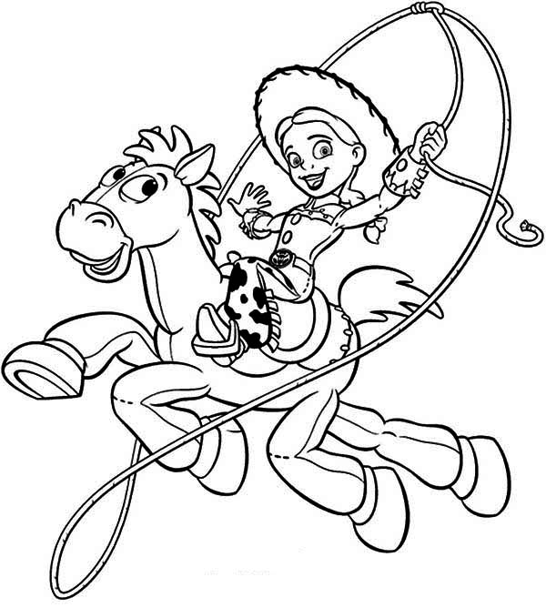 Jessie Riding Bullseye In Toy Story Coloring Page 600x668 Jessie Riding Bullseye In Toy Story Coloring Page