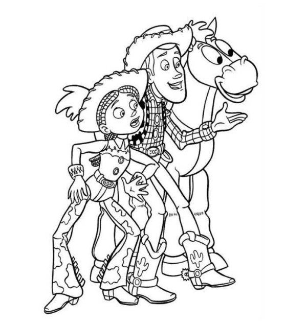 Woody Jessie Bullseye Toy Story 2 Coloring Page 600x634 Woody Jessie Bullseye Toy Story 2 Coloring Page