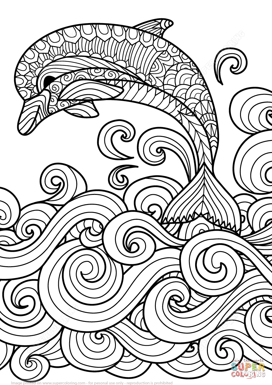 920x1300 Coloring Pages Of Waves Zentangle Dolphin With Scrolling Sea Wave