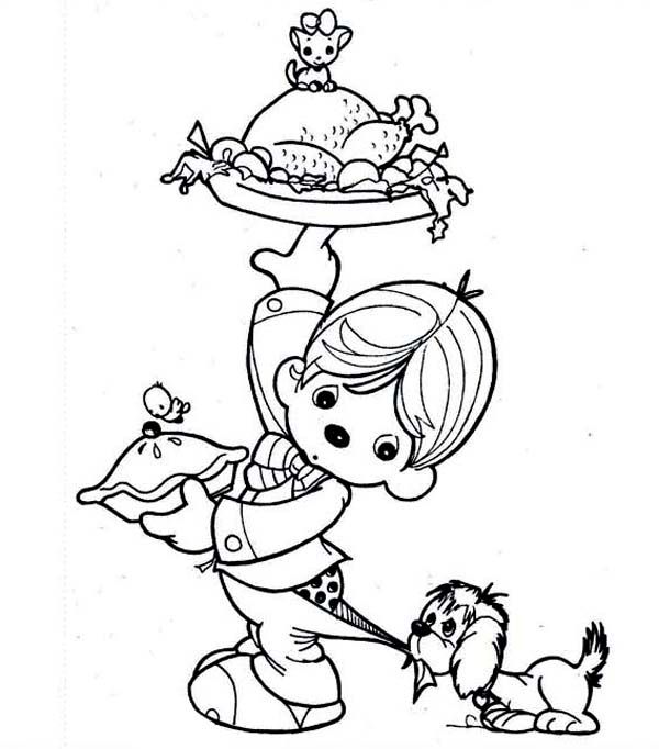 600x682 A Kid Preparing Thanksgiving Day Dinner Coloring Page Paper