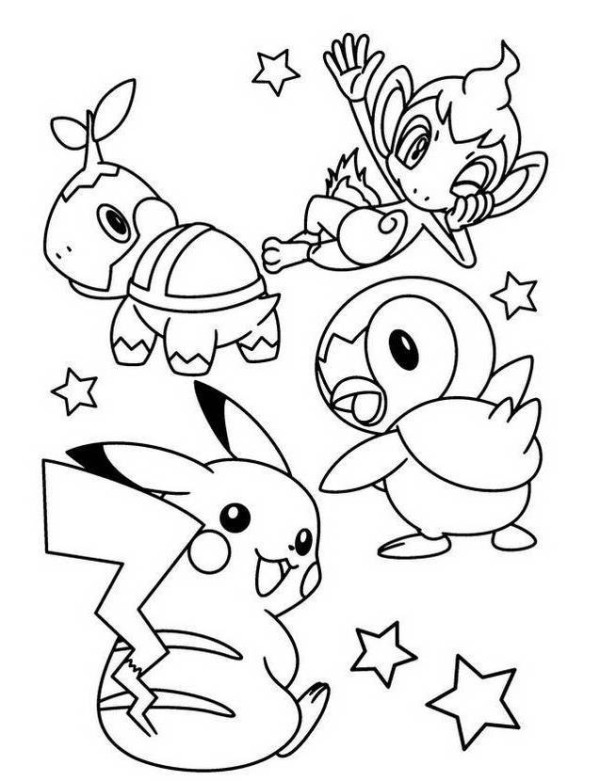 600x781 Kleurplaat Chimchar Turtwig Piplup Pikachu Pokemon Coloring Page