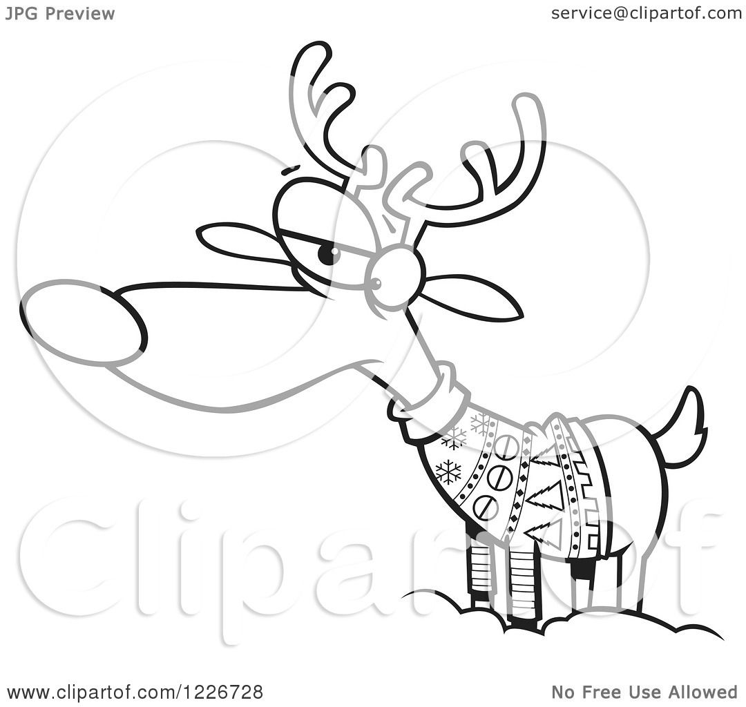 Clipart Of A Cartoon Black And White Unhappy Reindeer In An Ugly 1080x1024 Clipart Of A Cartoon Black And White Unhappy Reindeer In An Ugly
